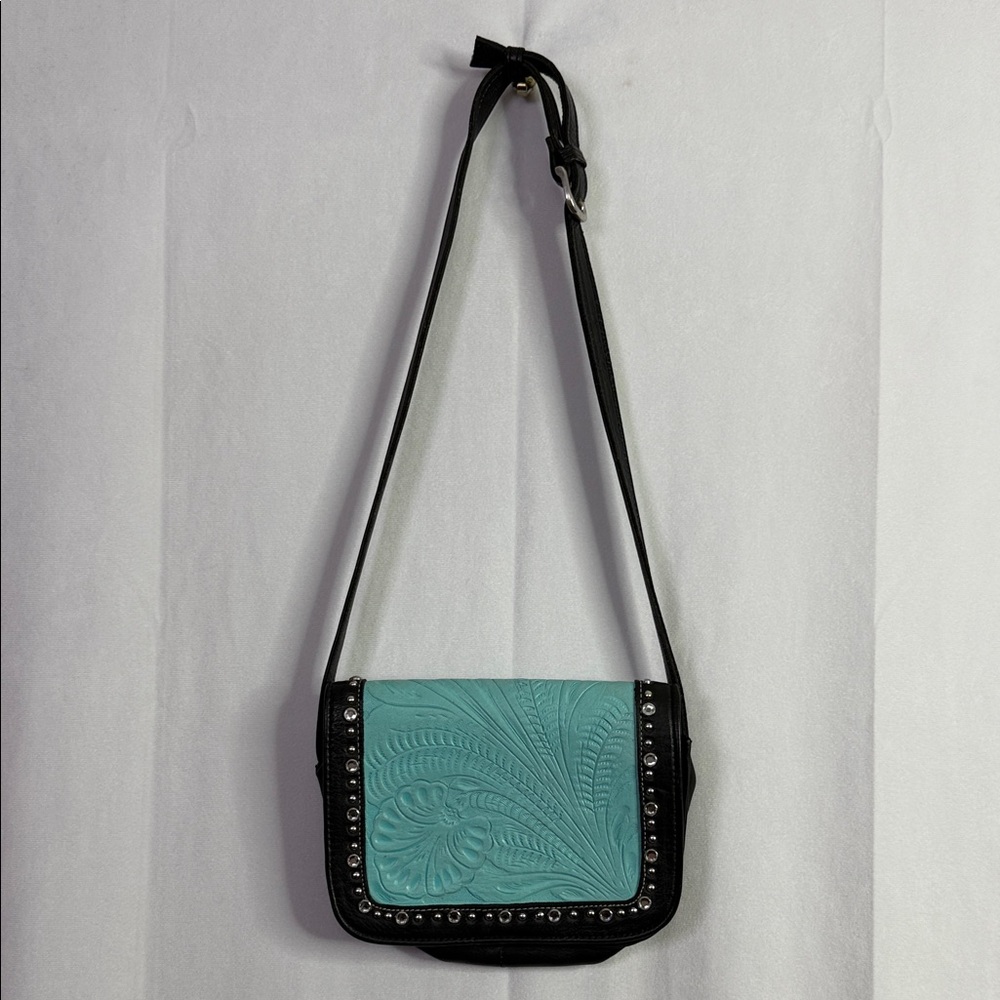 Black Leather Rhinestone Studded Teal Embossed Crossbody Bag
